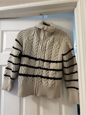 Handmade Cream Cable Knit Zip-Up Sweater with Black Stripes